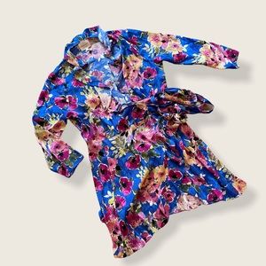 Silky Floral Wrap Dress with Ruffle Neckline